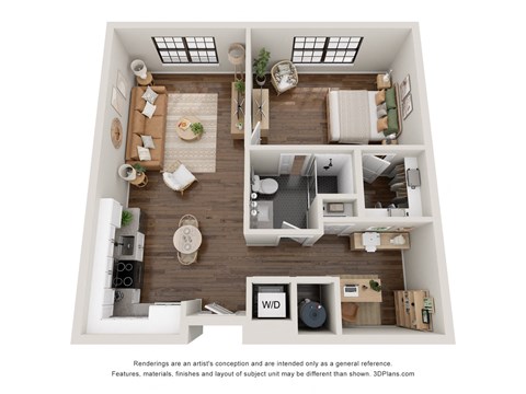 A 3D floor plan of a small apartment with a living room, kitchen, and bedroom.